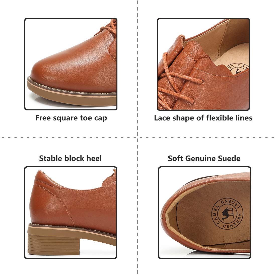 CAMEL CROWN Derbies Femme Oxford Lacets Chaussures Cuir Confort Doux Daily Loisir Noir Marron EU36-40