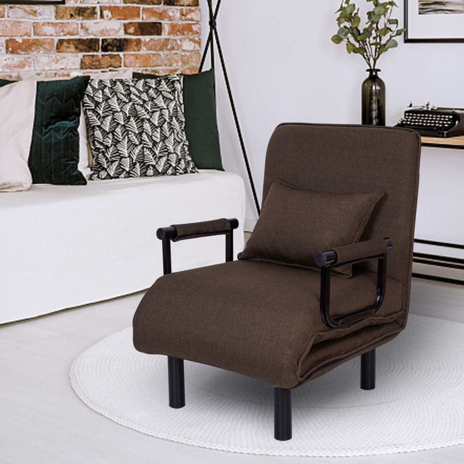 Amazon Com Folding Sofa Chair Bed Convertible Sofa Sleeper With Pillow 5 Position Single Chaise Lounger Couch Recliner Armchair For Home Office Brown Kitchen Dining