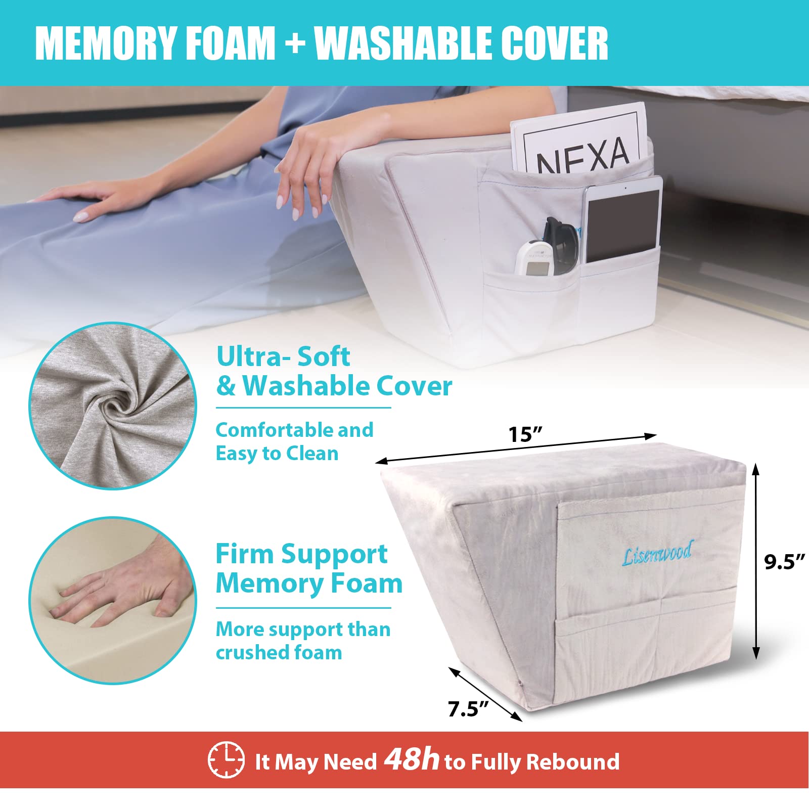 Lisenwood Foam Bed Wedge Pillow, Adult Reading Pillow & Sit Up Pillows for Bed, Arm Support Pillow for Sitting Up in Bed/Couch, Angled Bed Pillow for Relaxing, Gaming, Reading, Watching TV Gray