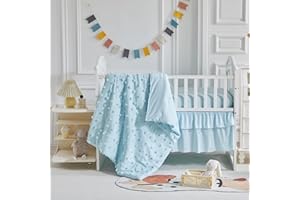 UOZZI BEDDING 3 Pieces Crib Bedding Set Tufted Dots Jacquard Baby Comforter with Fitted Sheet and Bed Skirt - Cute Embroidery Boho Shabby Chic Bedding Soft Blanket Pom Pom Tufts Crib Bed Set Baby Blue