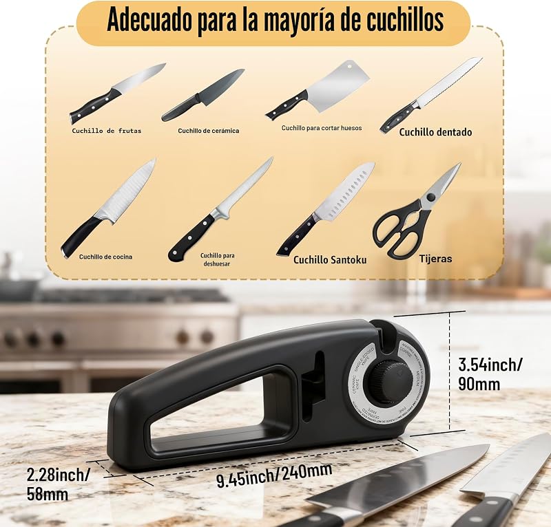 7 en 1 Afilador de Cuchillos Profesional , Knife Sharpener Afilador de Facas Manual para Cuchillos de Trinchar, de Sierra, Afilado de Cuchillas y Tijeras de Cerámica (Negro)