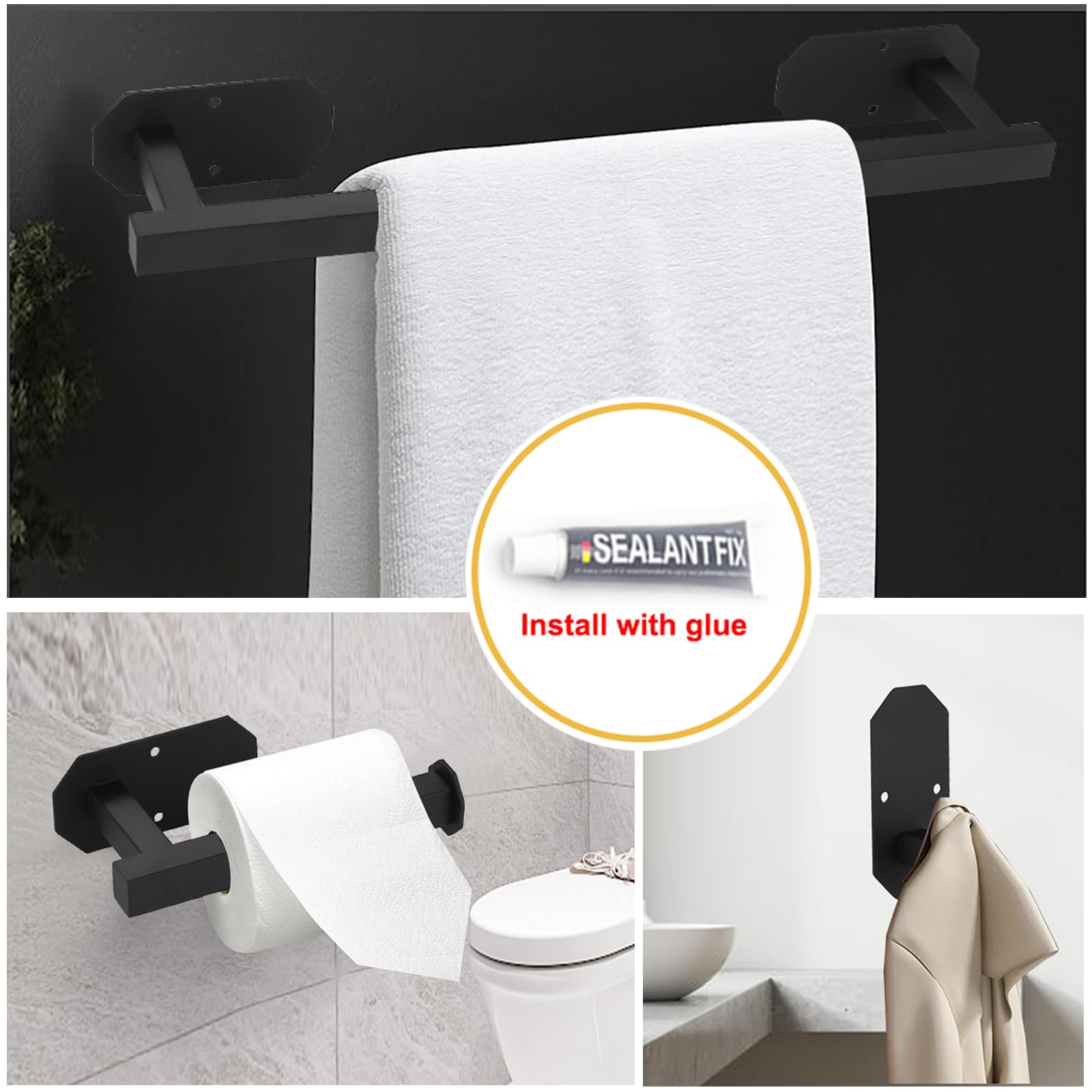 Motashin 9 pezzi Set accessori per il bagno in acciaio inossidabile Montaggio a parete Tovaglioli Porta carta igienica Accappatoi Ganci da parete adesivi Portarasoio Portaspazzolini da denti,40CM
