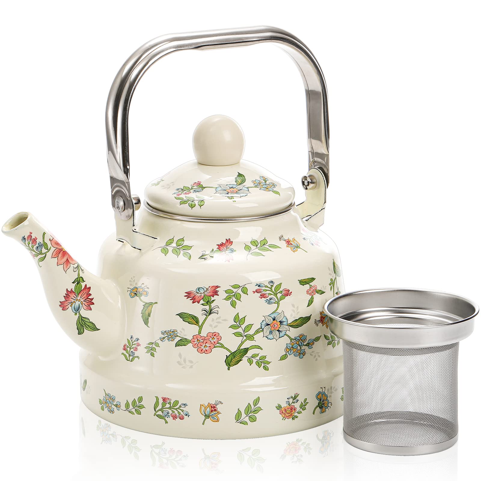 Photo 1 of Jucoan 1.8 Quart Vintage Enamel Stovetop Tea Kettle, Retro Green Floral Enamel on Steel Teapot Tea Maker with Removable Infuser for Home Kitchen Camping, Gift for Wedding Housewarming Bridal Shower