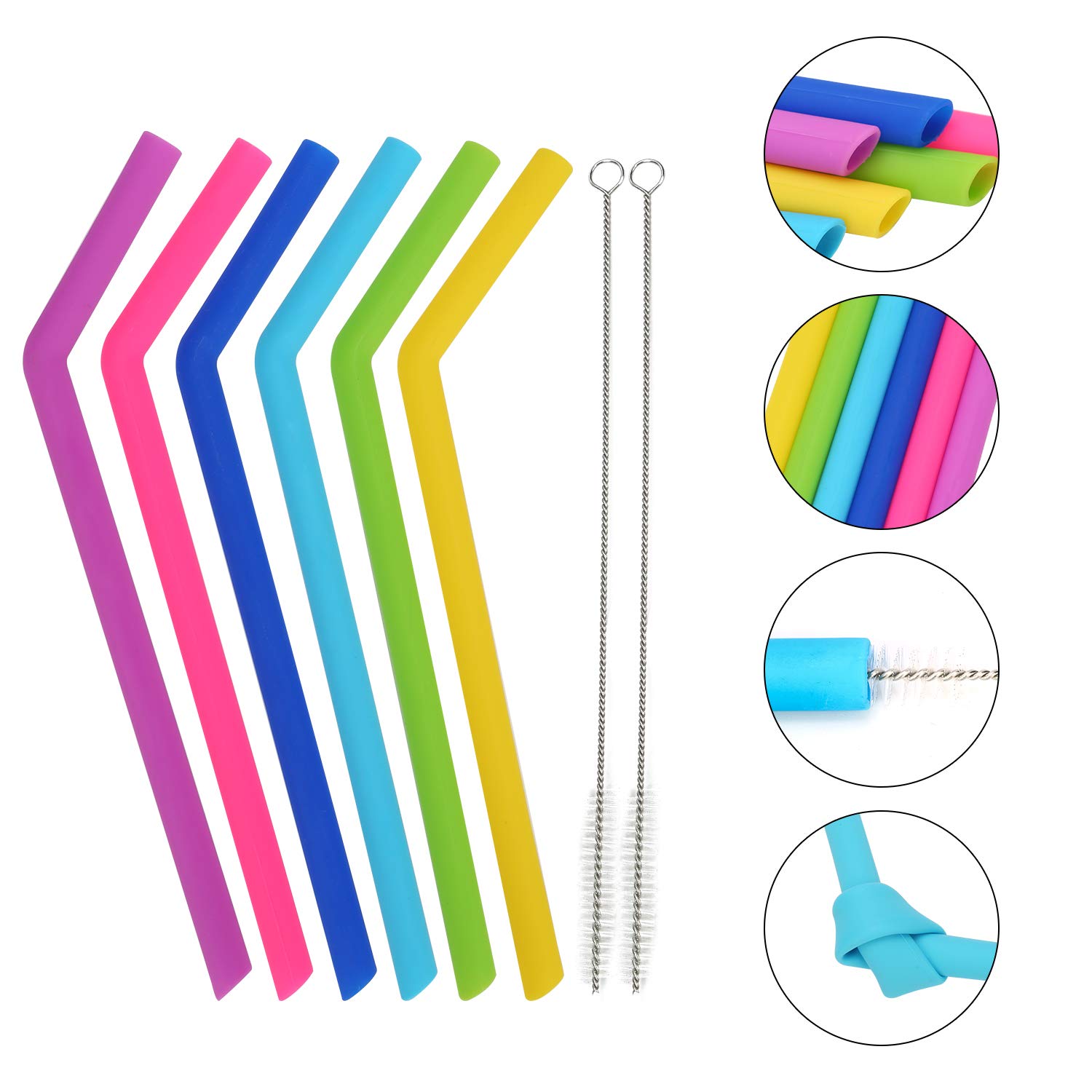 Silicone Straws Set of 8, Reusable Silicone Drinking Straws For 30oz 20oz Cups Yeti Ozark Trail Rtic Tumblers, 10.5\'\' Length, 10mm Diameter, BPA Free (6 Straws + 2 Brushes)