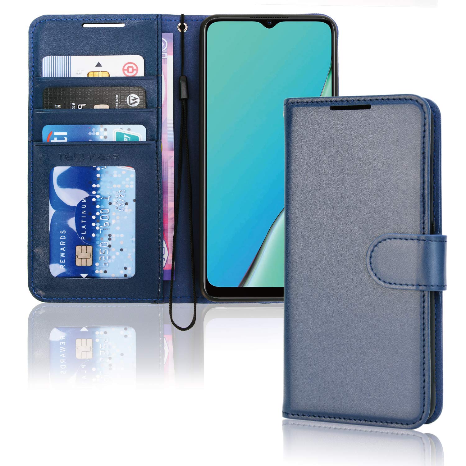 TECHGEAR Leather Wallet Case for Oppo A9 2020 / A5 2020, Flip Protective Case Cover with Wallet Card Holder, Stand & Wrist Strap - Blue PU Leather with Magnetic Closure Designed For Oppo A9 / A5 2020