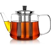 Glass teapot with infuser, Ehugos 1000ml(33oz) Stovetop Safe Hand Crafted Clear Glass Teapot with Removable Infuser for Loose Leaf Tea and Blooming Tea