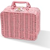 Mini Wicker Picnic Basket, Decorative Prop Suitcase Vintage Storage Hamper Makeup Organizer, 8.7" Metal Lock Rattan Storage Box with Handles for Sundries Travel Camping and Outdoor Party (Pink, Small)