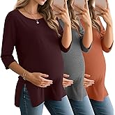 Baggyfly 3 Pack Women's 3/4 Sleeve Maternity Shirts Elbow Length Clothes Round Neck Tunics Pregnancy Loose Side Split Tops