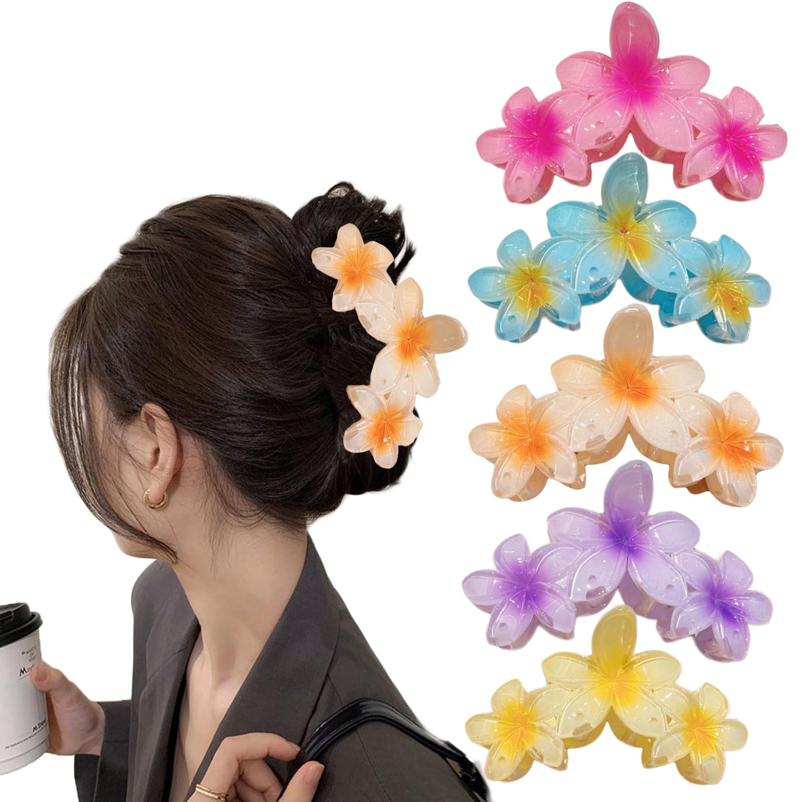 5PCS Flower Hair Clips Cute Claw Clips Large Hair Clips Hawaiian Non-Slip Matte Claw Clips for Women Strong Hold Flora Clips Hair Accessories for Thick Thin Hair(5 Colors)