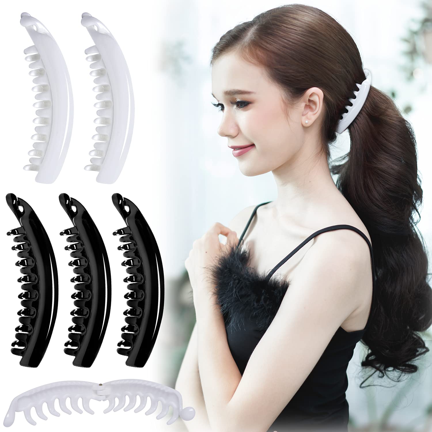 RC ROCHE 6 Pcs Large Banana Hair Clips Claws for Women Thick Curly Ponytail Holder Maker Big Comb No Crease Strong Hold Styling Clasp, Medium Black and White