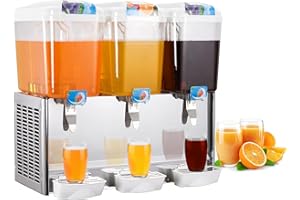 EUKER Commercial Ice Beverage Dispenser, 3 Tanks 14.4 Gallon Stainless Steel Drink Dispenser with Thermostat Control, 512W 36L Cold Juice Dispenser for Cafeterias, Hotel Parties,Sliver