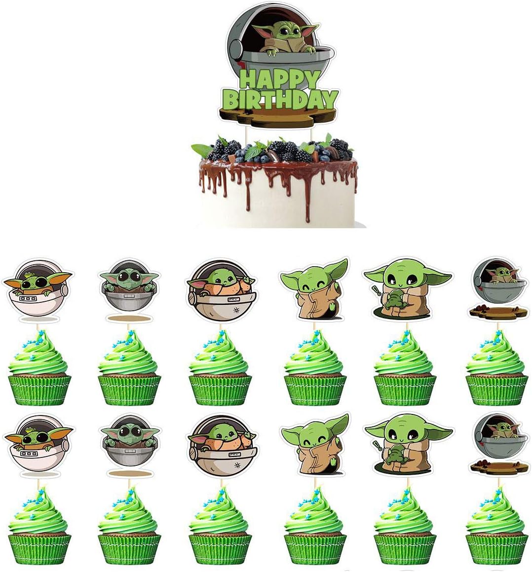 Cake Cupcake Toppers 25pcs Baby Yoda Happy Birthday Cake Topper Star Wars The Mandalorian Theme Birthday Party Cupake Decorations For Kids Toys Games