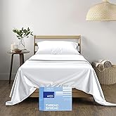 THREAD SPREAD Twin XL Sheets Set Cotton - 400 Thread Count 100% Cotton Twin XL Sheet Set, 3 PC Twin XL Sheets, Cooling Sheets for Dorm Rooms & Adults, 16" Deep Pocket Extra Soft Cotton Sheets (White)
