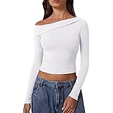 QINSEN Women Long Sleeve Off Shoulder Tops Trendy Double Lined Going Out Shirt for Fall