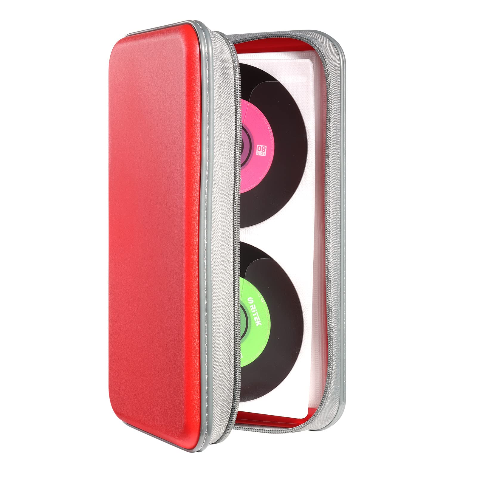 DVSICK CD Case, 96 Capacity CD/DVD Case Hard Plastic Case Holder CD Holder Organizer Wallet Protective DVD Holder Storage (Red) — image 1