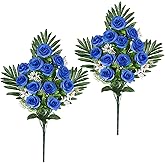 Hollyone Artificial Cemetery Flowers for Grave, Set of 2 Silk Blue Faux Rose Bouquet Flower Outdoor Graveyard Memorial Flowers for Cemetery Headstones Decoration