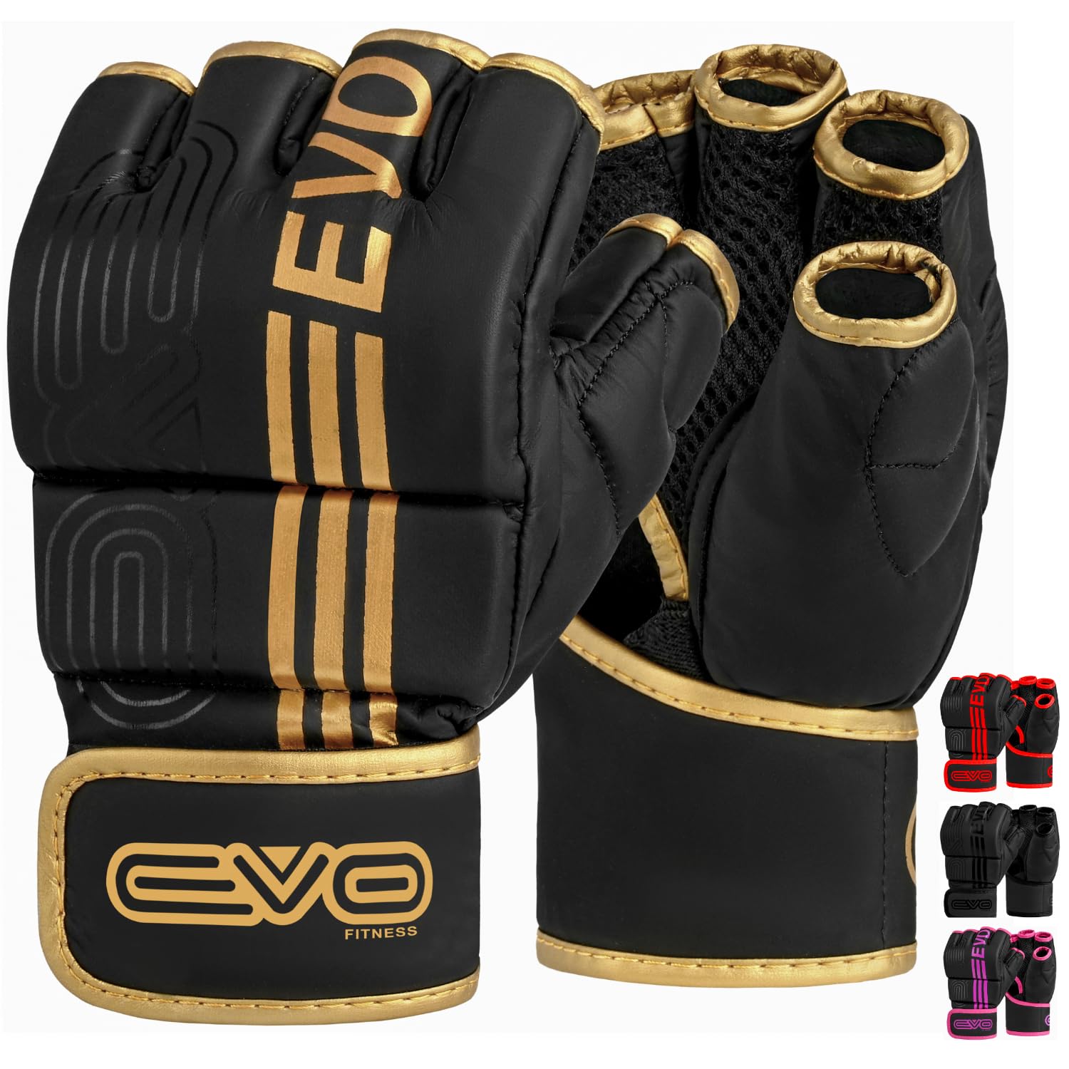 EVO Fitness Matte Black MMA Gloves Martial Arts Mitts Grappling Sparring Men Muay Thai Cage Fighting Boxing Combat Sports Women pink UFC Punching Bag Training (Small, Golden)