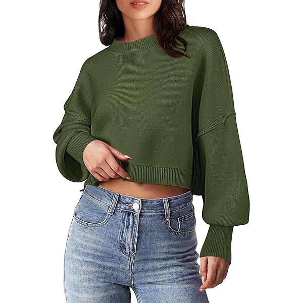 Womens Oversized Cropped Sweater Batwing Long Sleeve Crew