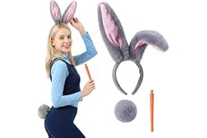 3pcs Easter Bunny Costume Set Grey Plush Bunny Ears Headband Fluffy Tail with Pin Carrot Pen Bendable Rabbit Ears