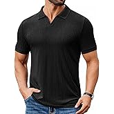 COOFANDY Men's Ribbed Polo Shirts Short Sleeve V Neck Slim Fit Polo T-Shirt Casual Summer Collared Golf Shirt