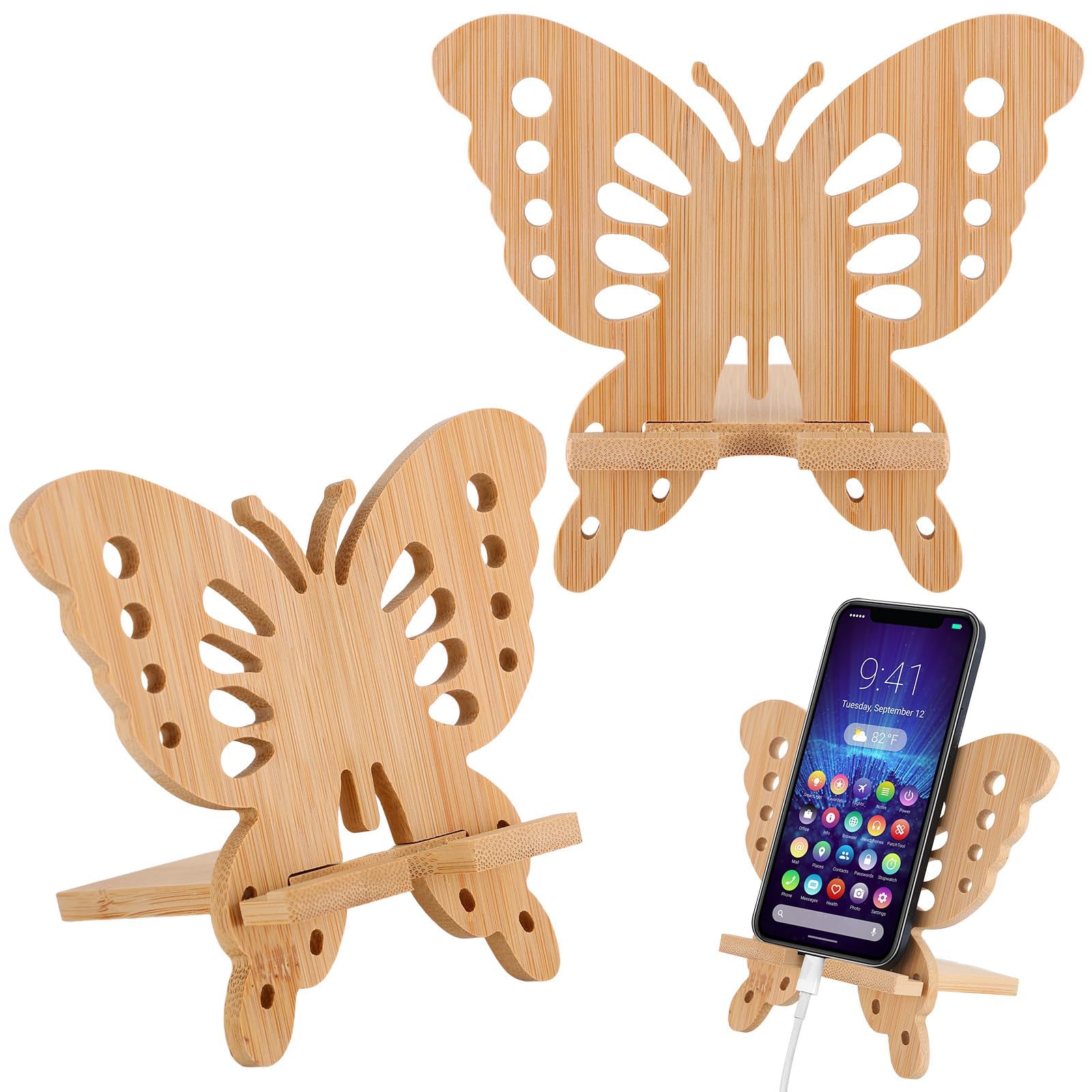 Photo 1 of 1 Pack Butterfly Bamboo Wood Phone Stand Portable Office Phone Holder Tablet Stand for Desktop Wooden Desk Accessory, Compatible with All Phones