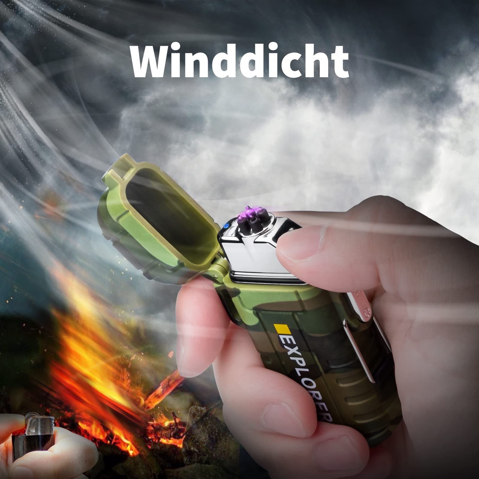 Waterproof & Windproof Electric Lighter for Outdoor Survival Equipment, Professional Type-C Rechargeable Lighter, Dual Arc Lighter Kits for Camping Hiking Survival Equipment