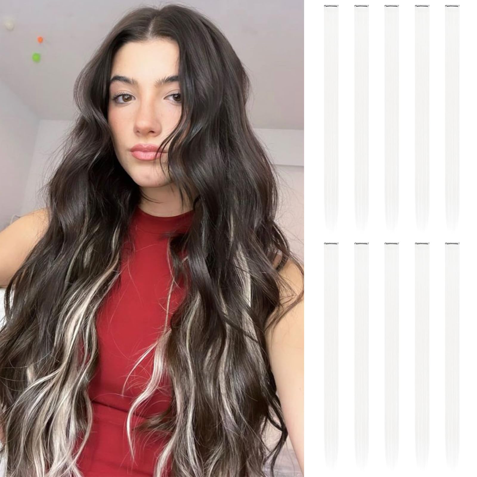 FESHFEN Coloured Clip in Hair Extension White Hairpieces for Women Party Highlight Colourful Straight Long Hair Extensions Clip in Hair Piece, 22 inch — image 1