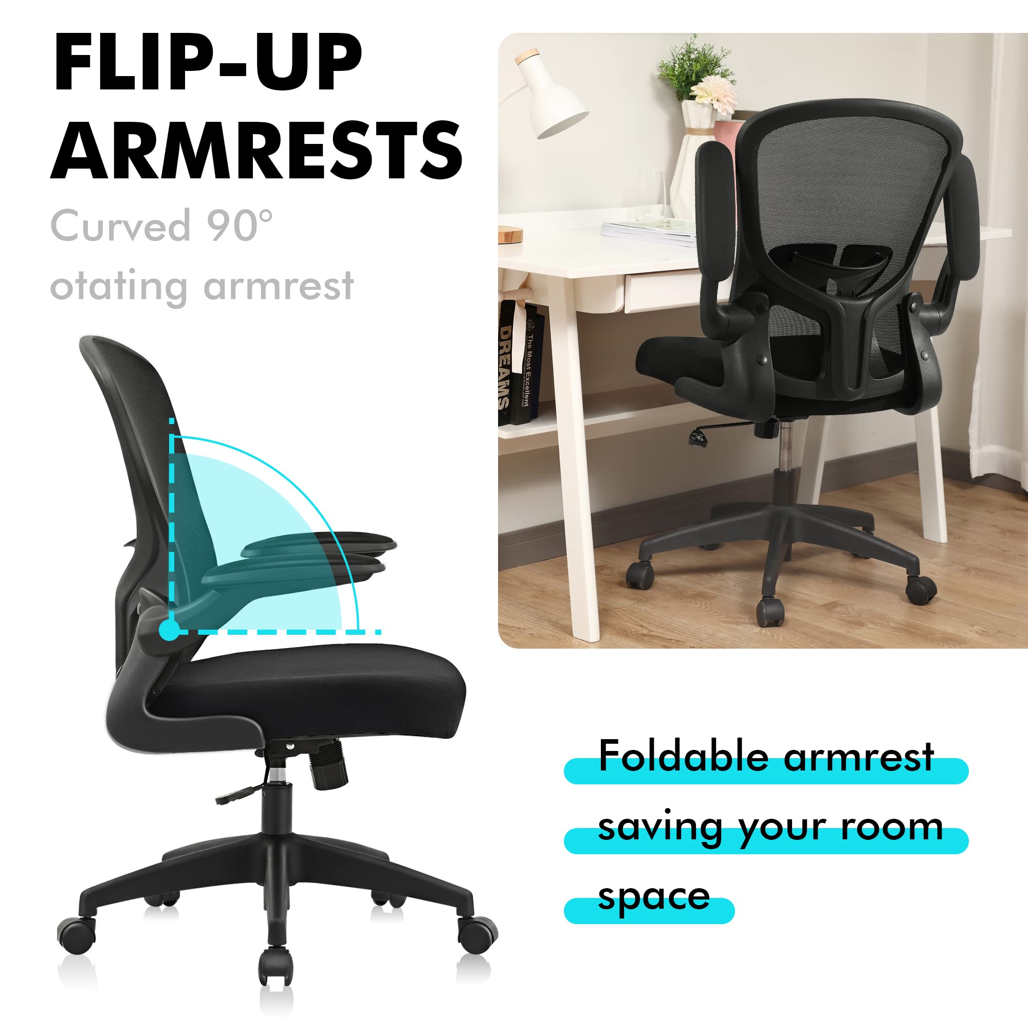 FelixKing Office Desk Chairs, Ergonomic PC Desk Chair with Wheels, Adjustable Lumbar Support and Height, Swivel Computer Chair with Flip-up Armrests, Ergo Mesh Backrest for Working (Black)