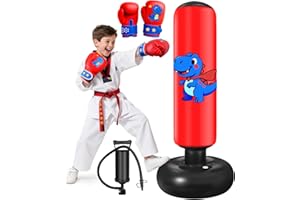 Inflatable Punching Bag for Kids: Qoosea 48 Inches Kids Punching Bags with Boxing Gloves & Air,Pump Blue Dinosaur Design Gift for Toddler & Kid Ages 3-10,Easy to Inflate,Durable Safe Punch Bag