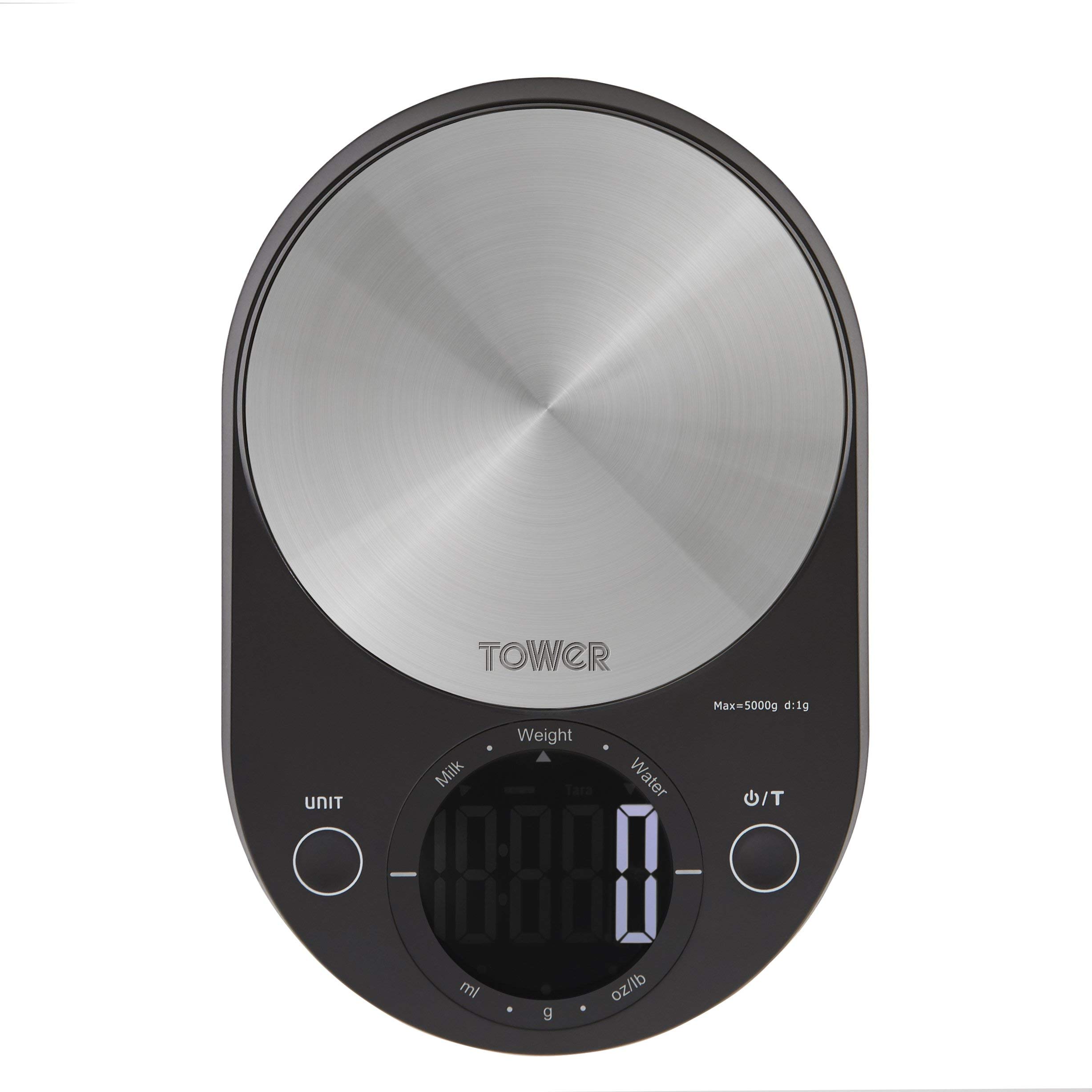 Tower Kitchen Scales, Digital Scales with Zero Weigh Function, Black, 14.77 x 22.27 x 3.85 cm