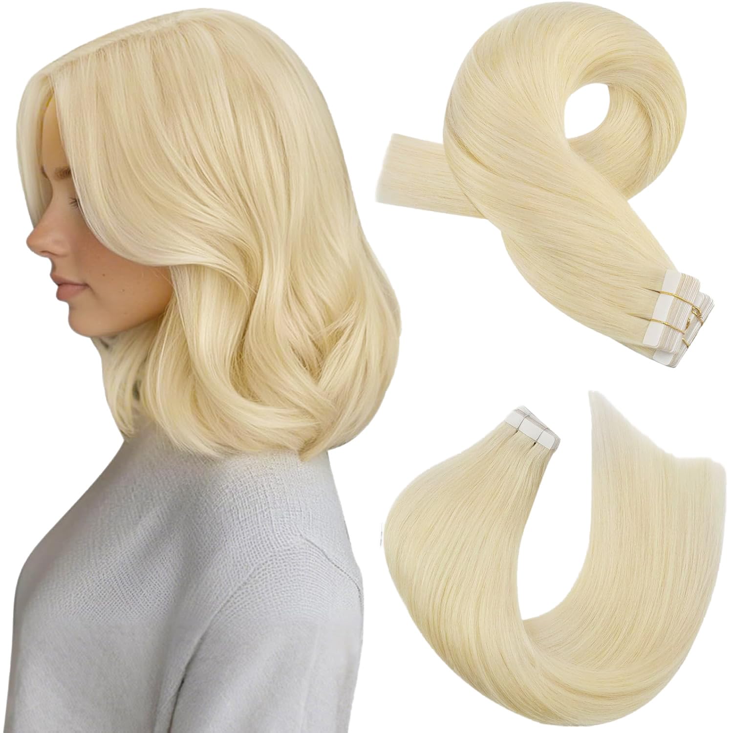 Moresoo Blonde Tape in Hair Extensions Human Hair 12 Inch Platinum Blonde Human Hair Tape in Extensions 20 Pieces/30g Tape Hair Extensions #60 — image 1