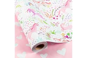 Garbendy Pink Unicorn Wrapping Paper Reversible,17In x 32.8Ft Colorful Plants Florals, Pink Heart Reversible Girls Gift Paper for Birthday, Baby Shower, Party, Holiday, Party