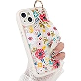 Jefonha Compatible with iPhone 14 Case with Finger Hand Strap for Girls Women, Cute Flowers Floral Phone Case with Wristband Kickstand, Durable Silicone Protective Cover, Blossom