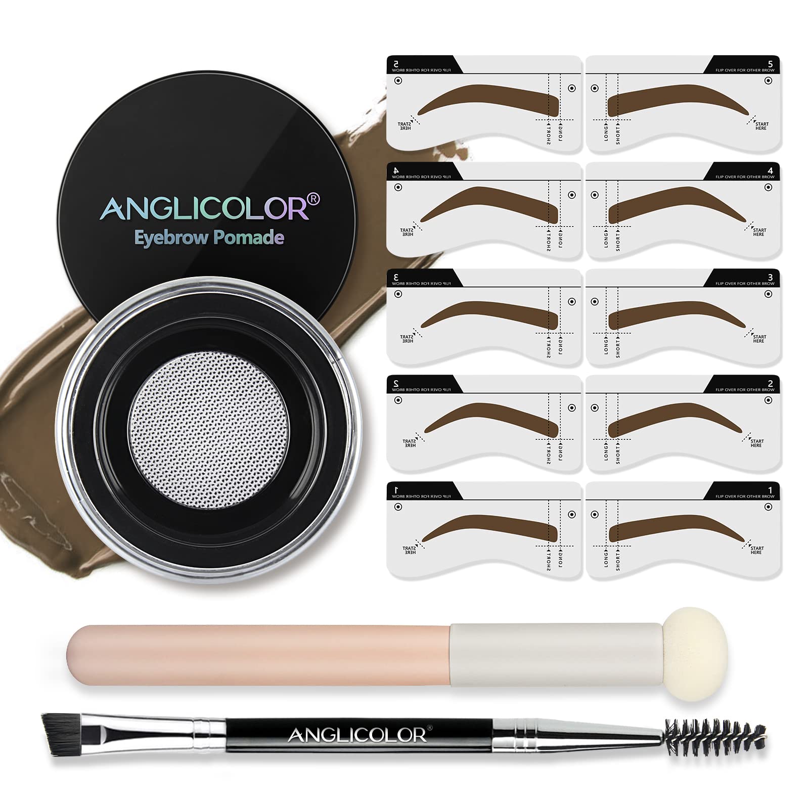 Anglicolor Eyebrow Stencil Set,Eyebrow Stencil Kit,Waterproof Eyebrow Pomade,Long Lasting Brow Pomade with Double Ended Eyebrow Brush with Sponge Applicator (03 SOFT BROWN Set, 7.5g)