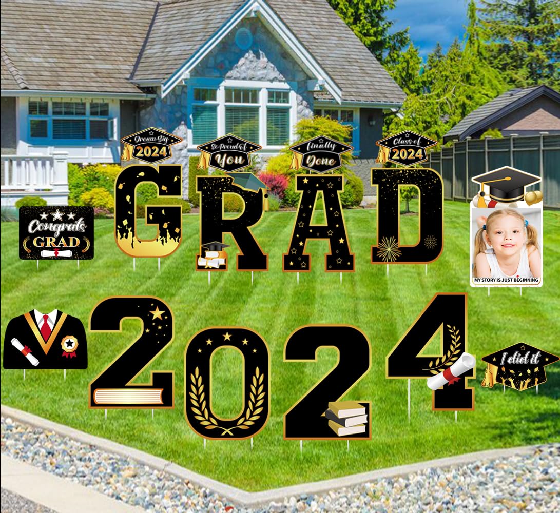 Photo 1 of Graduation Decorations Class of 2024 15" Graduation Yard Sign with Photo Display Board Congrats Grad Yard Letters Stakes Lawn Decor Black and Gold 117B