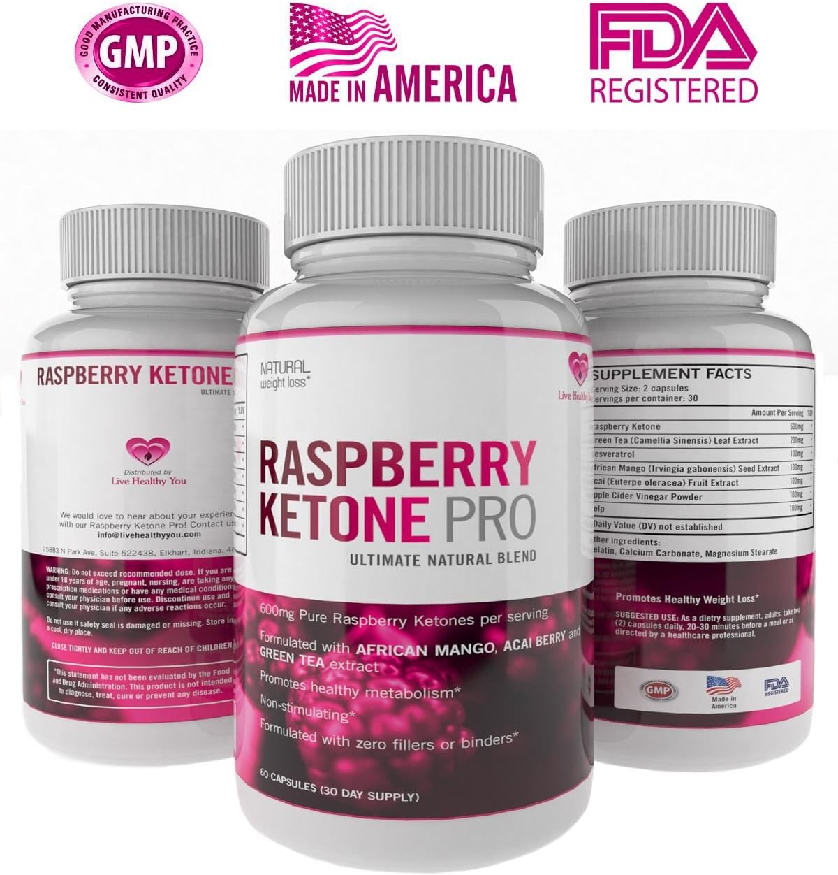 Pure Raspberry Ketones Pro - 60 CAPSULES 1300MG Maximum Strength Caffeine Free Rapid Release Diet Pills with Resveratrol - Specially Formulated Proprietary Blend - Acai Berry Powder - African Mango Seed Extract - Green Tea Extract