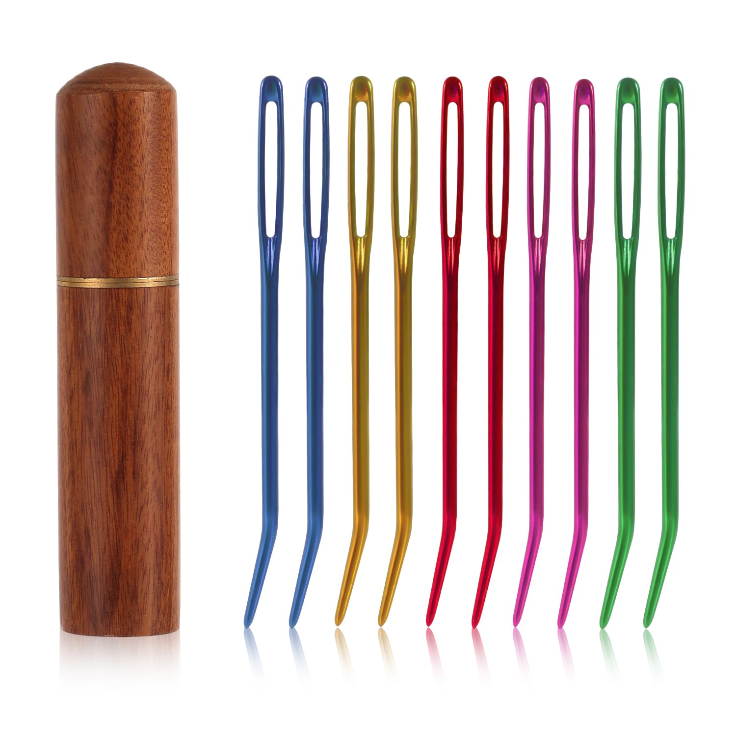 10pcs Large Eye Sewing Needles Kit, Bent Tip Yarn Needles Hand Knitting Needles Sharp Tapestry Needles Embroidery Needles with Wood Needle Case for Crochet/Yarn/Darning Projects