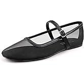 BCTEX COLL Black Mesh Ballet Flats Mary-Jane Ballerina Flats Square Toe Dressy Casual Shoes with Buckle Strap, Size 8
