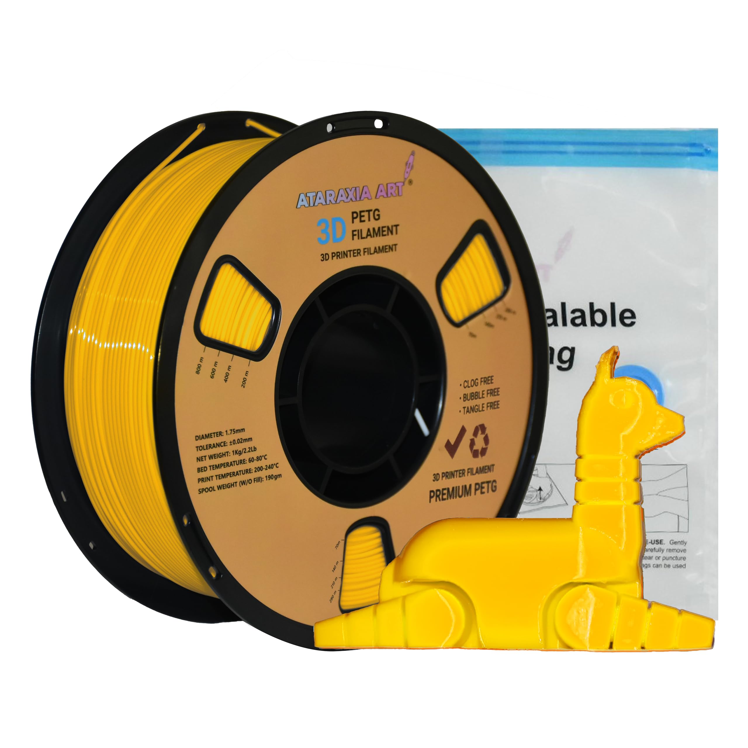 Ataraxia Art PETG 3D Printer Filament 1.75mm V2 with Resealable Vacuum Bag. Dimensional Accuracy +/- 0.02 mm, 1 Kg (2.2 lb) Spool. Improved Formula for Strength and Layer bonding. (Yellow)