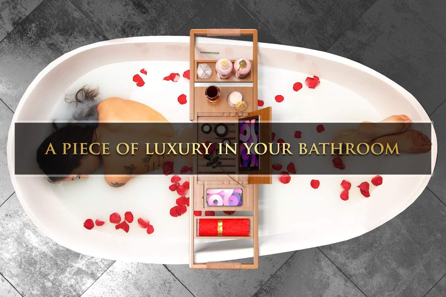 YM Lux Craft Bamboo Bathtub Caddy Tray [Durable, Non-Slip], 1-2 Adults Expandable Bathtub Tray, Beautiful Gift Box, Fits Any Tub Bath - Holds Book, Wine, Phone, Ipad, Laptop: Kitchen & Dining