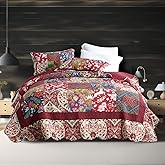 ENASAL Cotton Bedspread Quilt Sets Reversible Bedding Coverlet Sets Comforters Vintage Luxury Damask Floral Real Patchwork Burgundy Bedspread,Queen Size