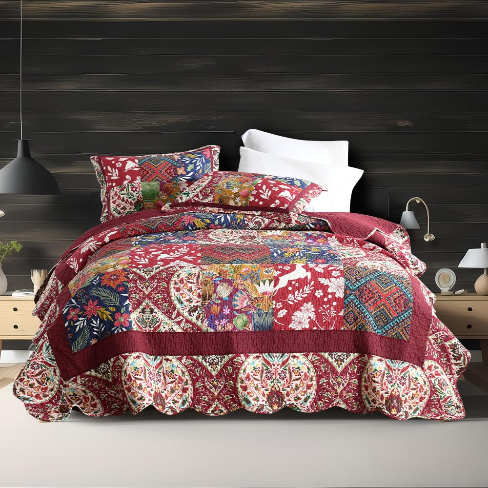 Photo 1 of (BAGGED) (PARTIAL SET) ENASAL Cotton Bedspread Quilt Sets Reversible Bedding Coverlet Sets Comforters Vintage Luxury Damask Floral Real Patchwork Burgundy Bedspread,Queen Size