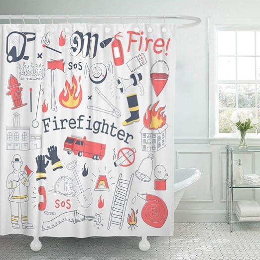 Amazon Com Sonernt Curtain Red Alarm Firefighter Freehand Doodle Fireman With Extinguisher And Equipment Brigade Bucket Shower Curtain Bathroom Decor Polyester Mildew Durable Waterproof Curtain Home Kitchen
