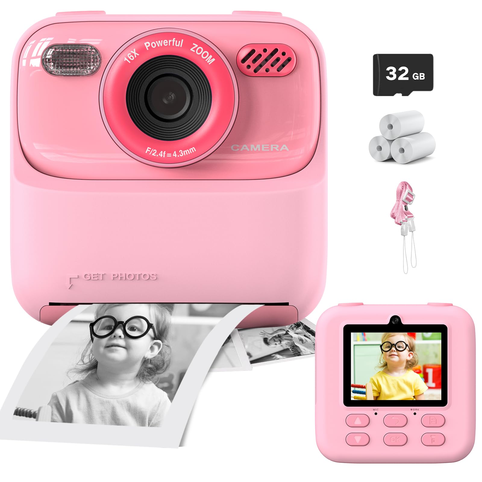 Kids Camera Instant Print, Kids Digital Camera for Girls Boys, 1080P HD Camera for Kids, Toys | Gifts for Boys Girls Age 3 4 5 6 7 8 9 10, with 3Rolls Print Photo Paper & 32GB SD Card, Pink