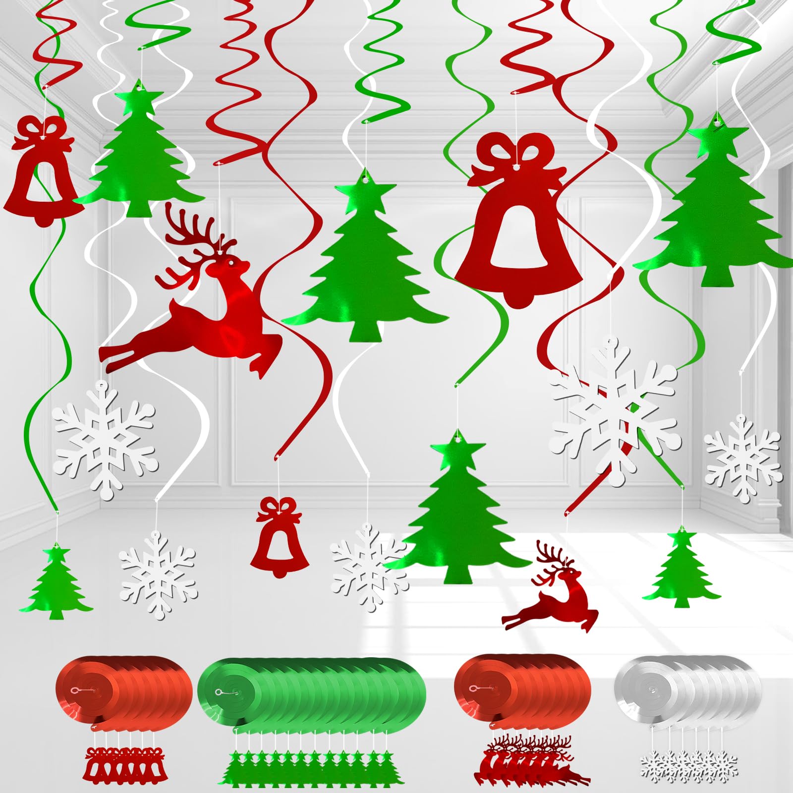 Christmas Hanging Swirls Decorations, LMSHOWOWO 30PCS Foil Hanging Ceiling Swirls Streamers with Xmas Tree Jingle Bell Elk Snowflakes for Christmas Home Classroom Office Tree Door Porch Ceiling Decor