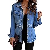 Tankaneo Denim Jacket for Women Distressed Jean Jacket Button Down Oversized Shacket with Pockets