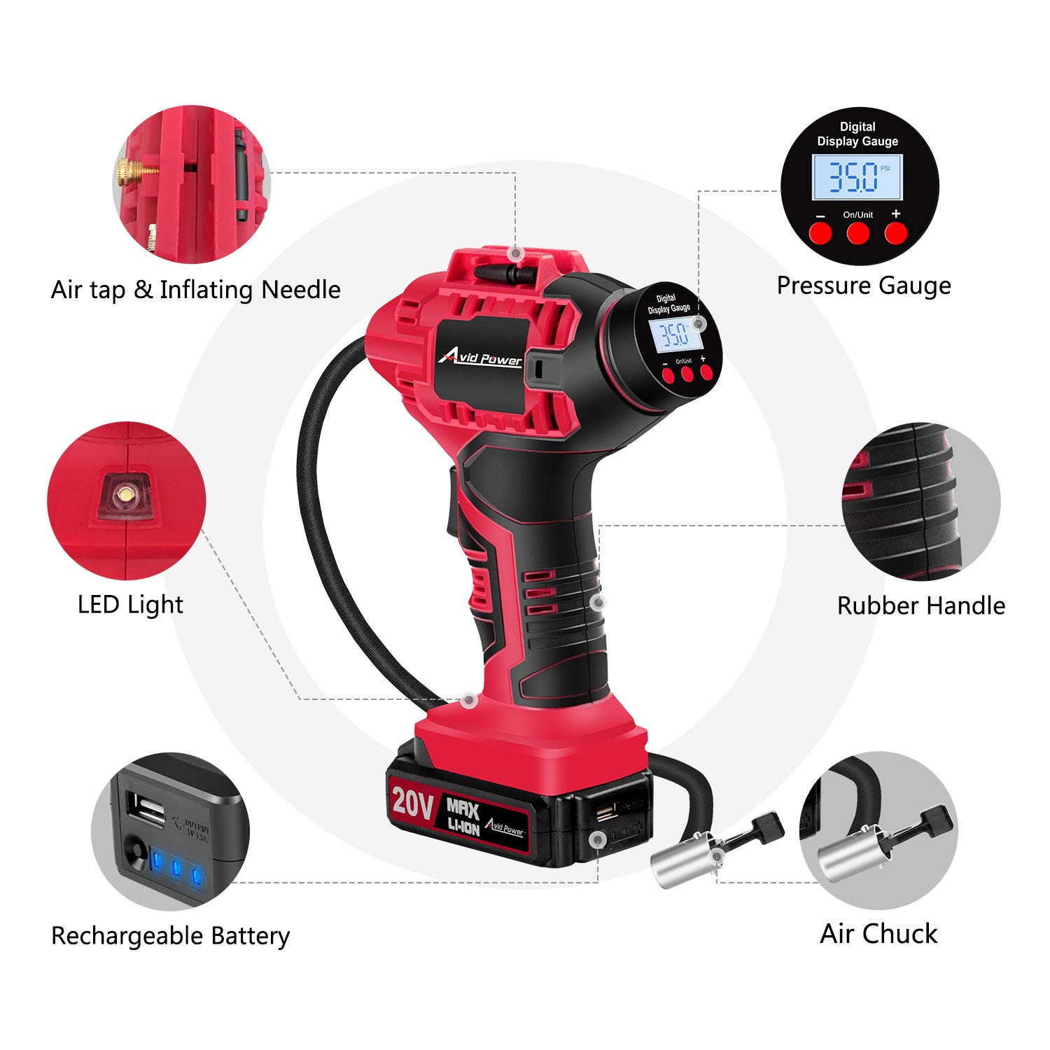 Tire inflator, 20V Cordless Air Pump for Tires with Rechargeable