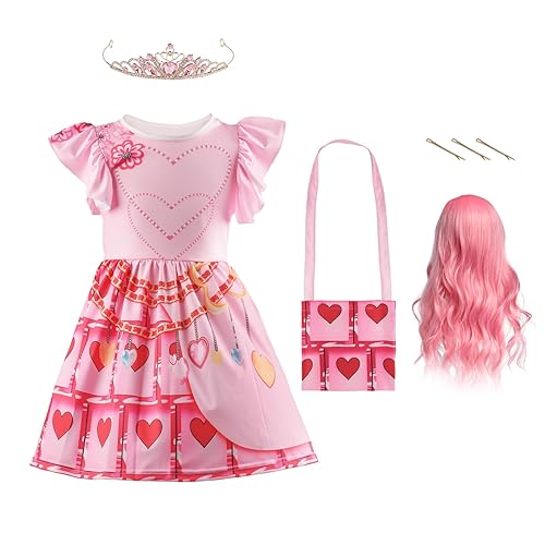 YELKOEYN 4pcs Red Princess Dress Halloween Costume Girls - Red Outfit with Pink Wigs, Bag and Queen Crown, Halloween Girls Costumes, Kids Princess Attire Dress-up, Carnival Outfits (120)