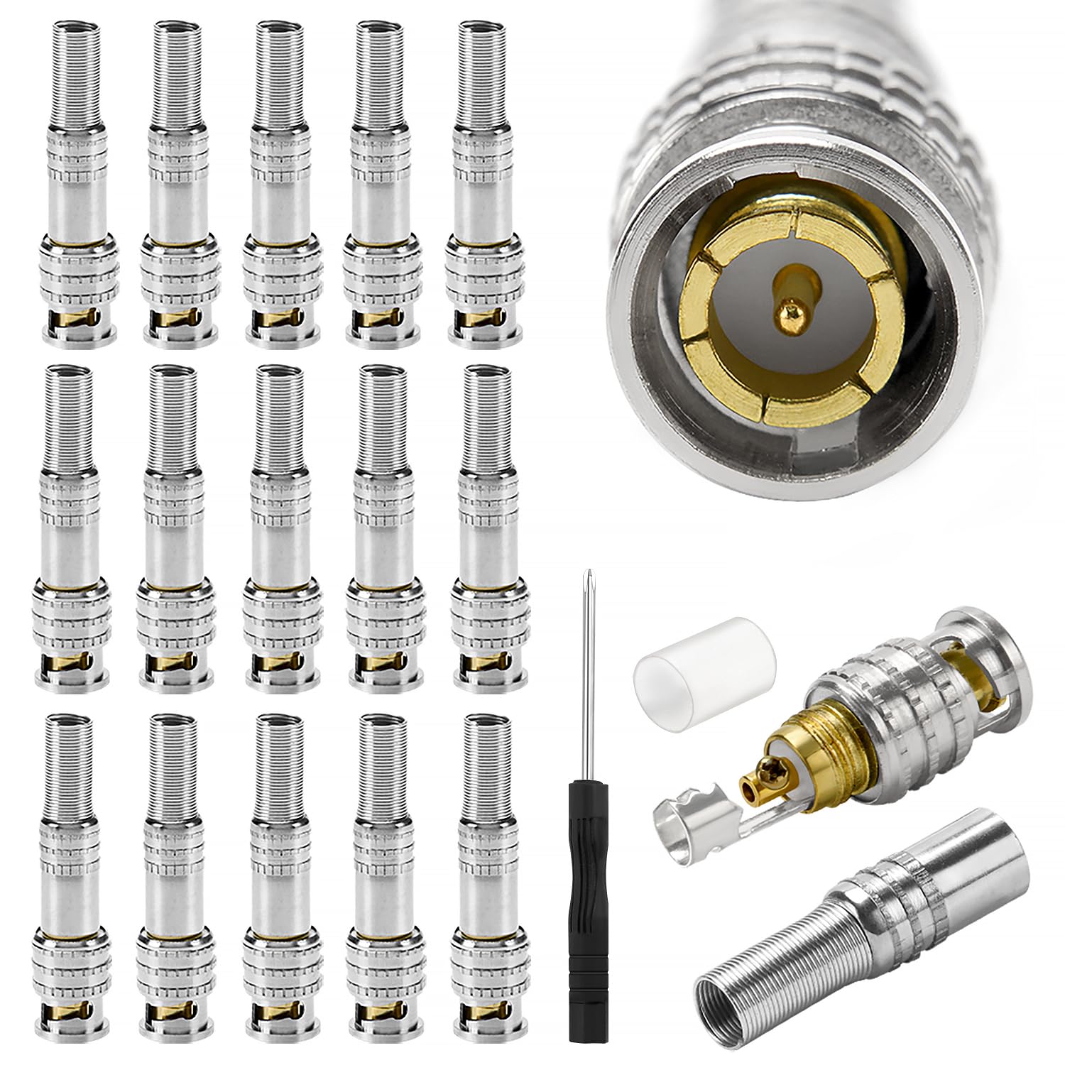 KUOQIY 15 PCS BNC Male Coaxial Connector, RG59 RG6 Screw-lock Terminal Adapter, Solderless Spring Coaxial Terminal Screw On Brass Connector Q9 Plug to RG59 Coaxial for CCTV Camera, with a Screwdriver