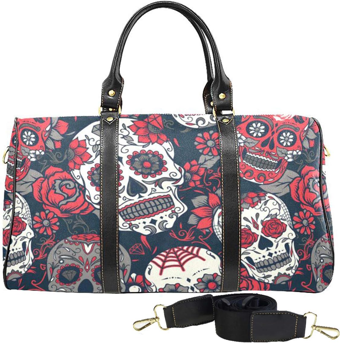 Flowers Sugar Skull Large Travel Duffel Bag Waterproof Weekend Bag Luggage with Strap